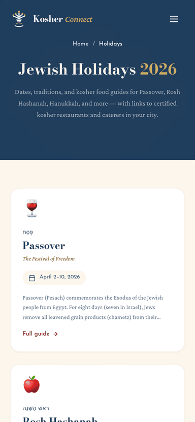 Jewish holiday calendar on the Kosher Connect iOS app