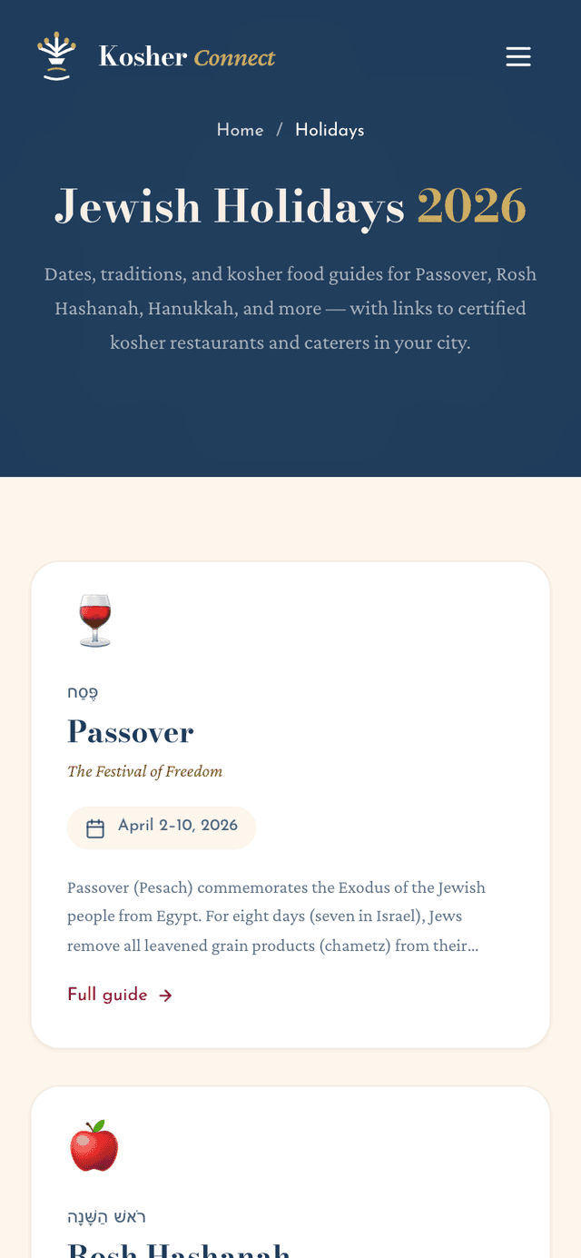 Jewish holiday calendar with candle-lighting times and upcoming events
