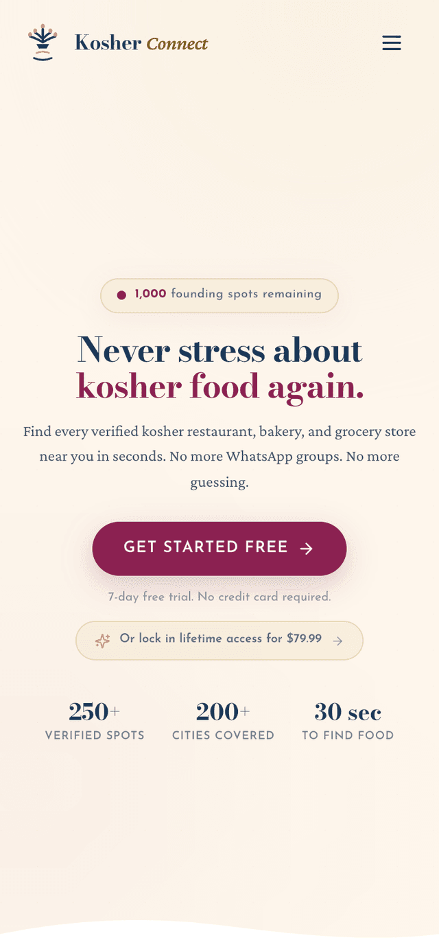 Kosher Connect iOS app homepage