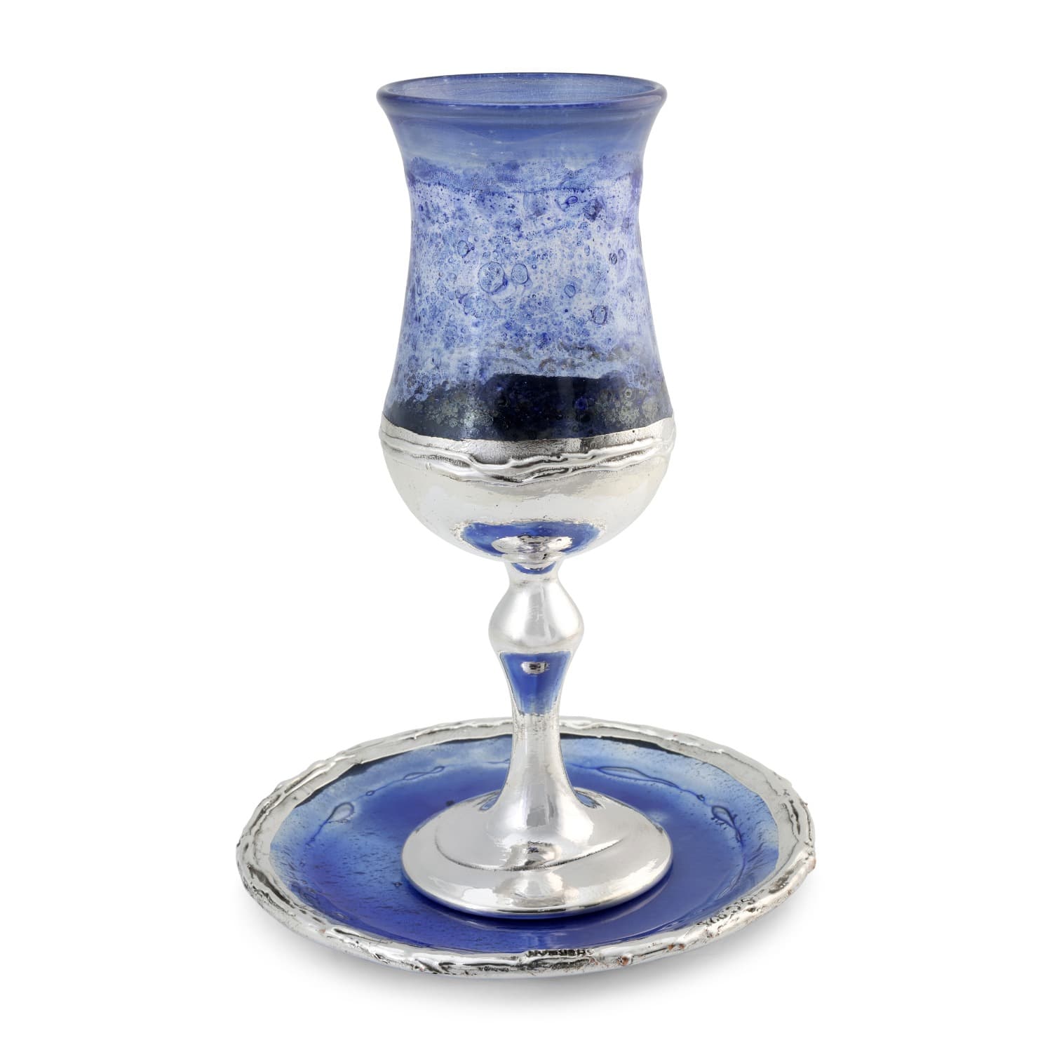Handmade Blue Glass Kiddush Cup, Sterling Silver Plated