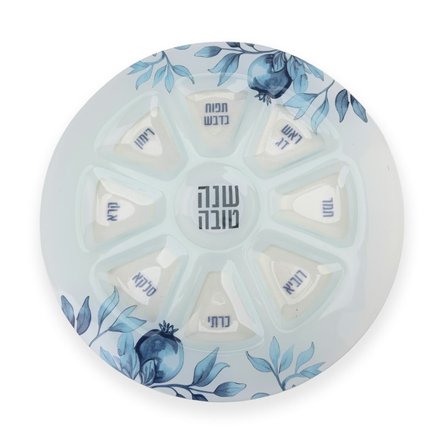 Hand-painted blue pomegranate plate with eight compartments